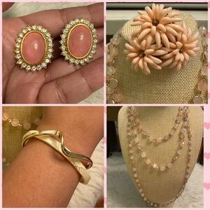 4 Piece Peach Necklace, Gold Twist Bracelet, Butler earrings, flower brooch